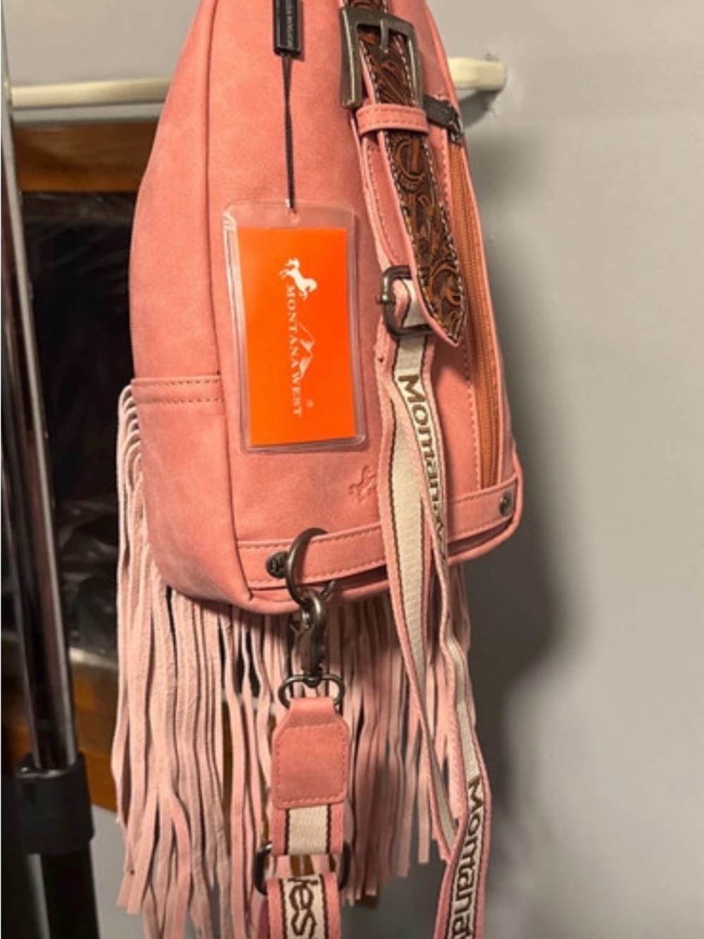 Montana West Pink Suede Fringe Crossbody with Tooled Brown Leather Pocket - Picture 3 of 5